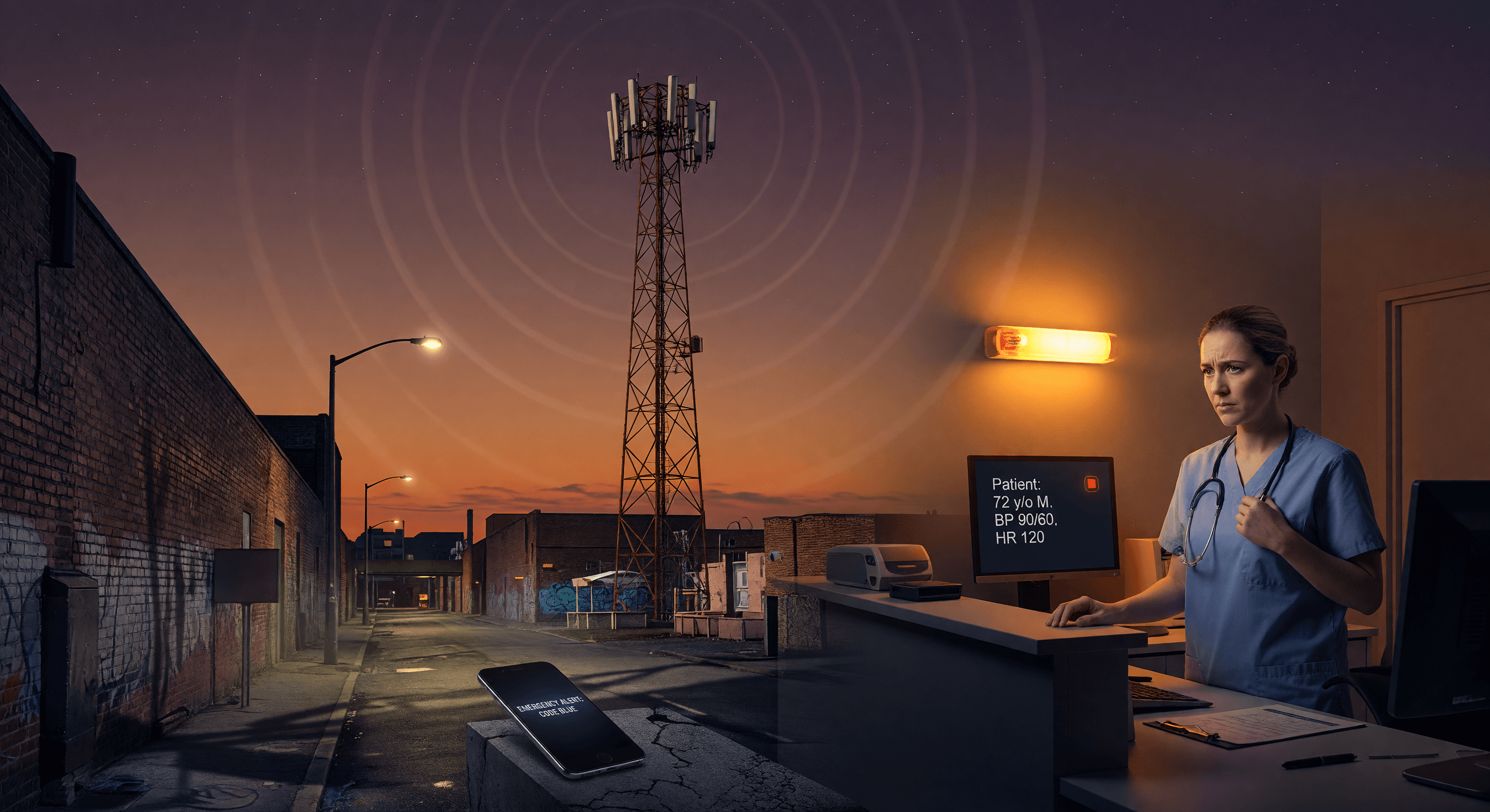 Atmospheric illustration of a single cellular tower at dusk with signal arcs extending to a handset and a reception desk, rendered in muted blue and amber.