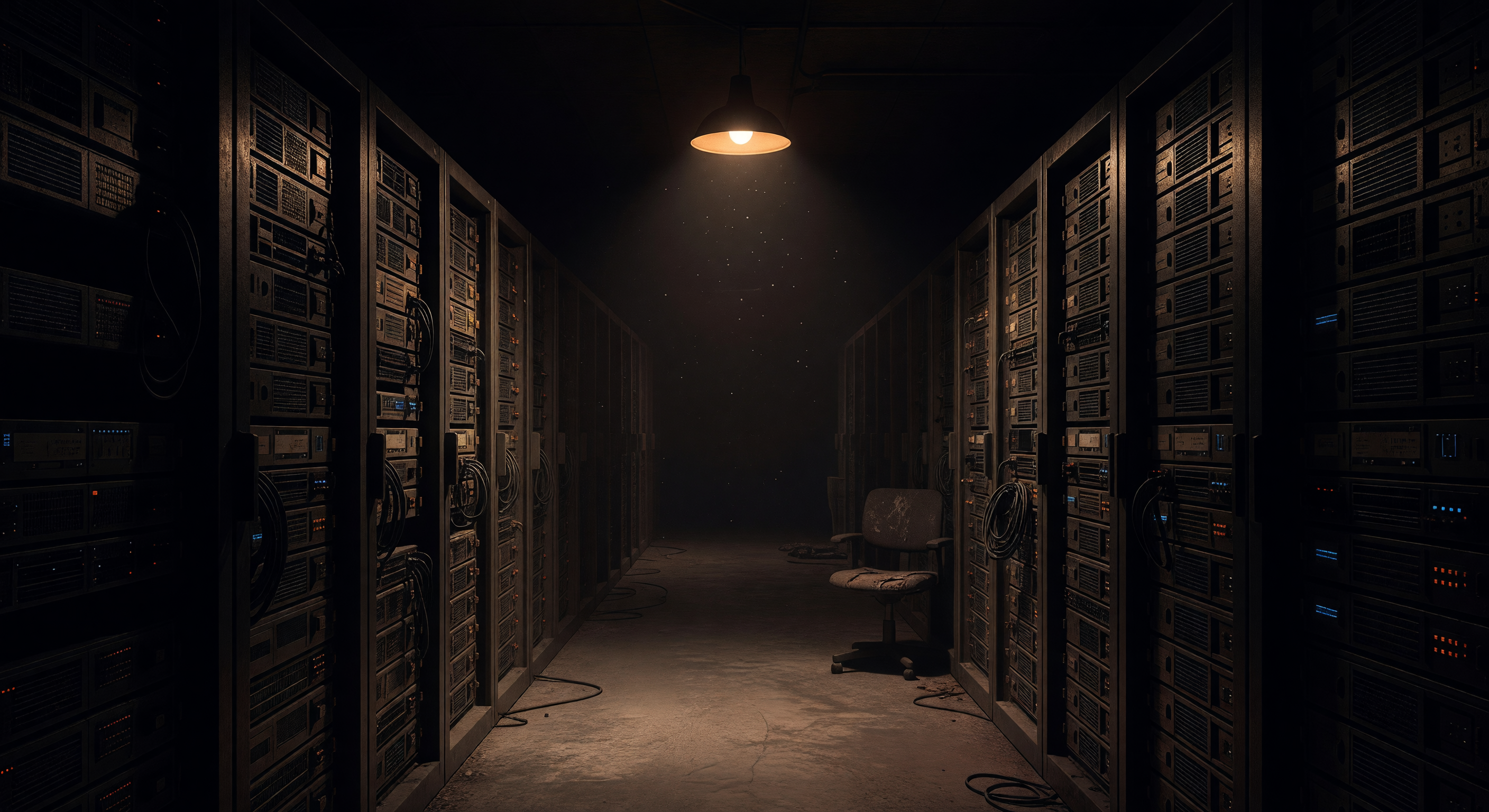 Atmospheric digital illustration of a dark, abandoned-looking server room aisle with zero activity lights blinking, illuminated only by a single dim amber utility lamp overhead.