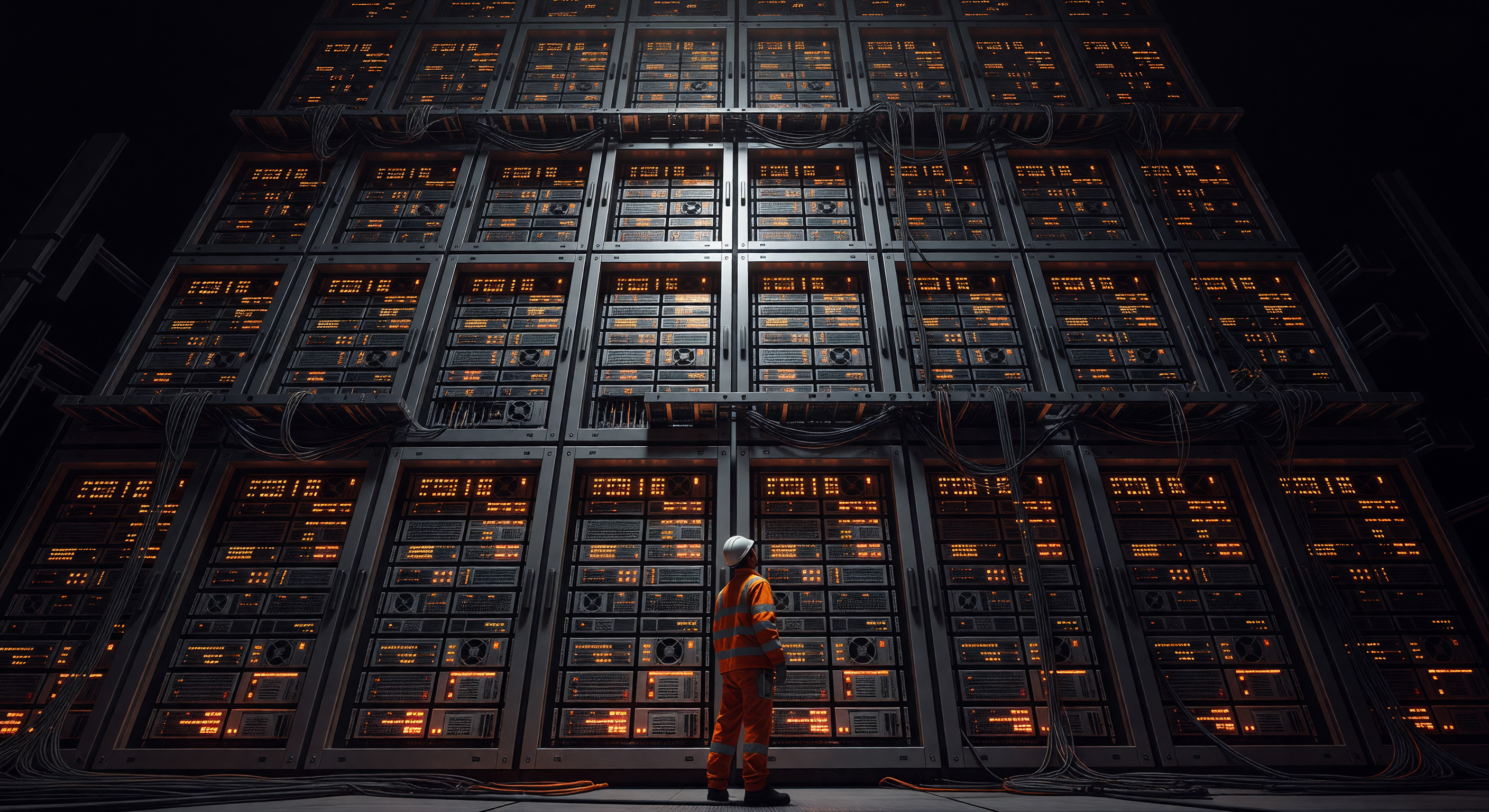 Atmospheric illustration of an intimidating, massive monolithic wall of server racks representing vendor lock-in. A tiny silhouette of an engineer stands before it in high-vis orange safety gear.