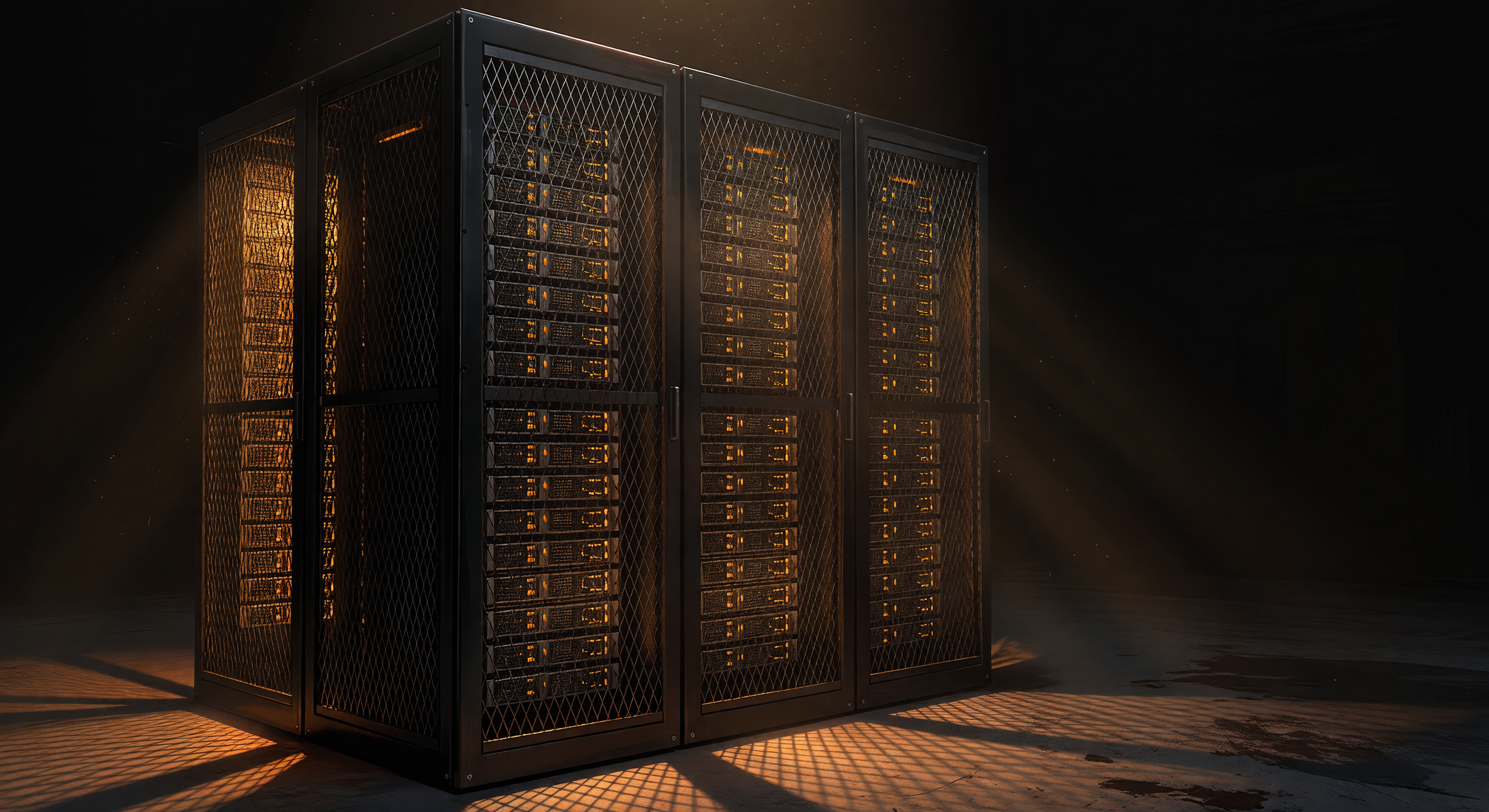 Atmospheric digital illustration of a dimly lit server rack wrapped in heavy steel security mesh, illuminated by amber glows.