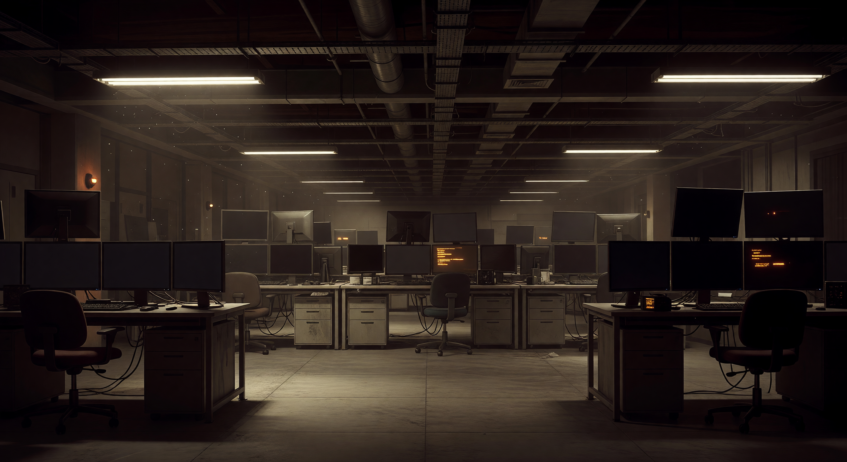 Atmospheric digital illustration of a large, empty Network Operations Center at night with faintly glowing amber screens.