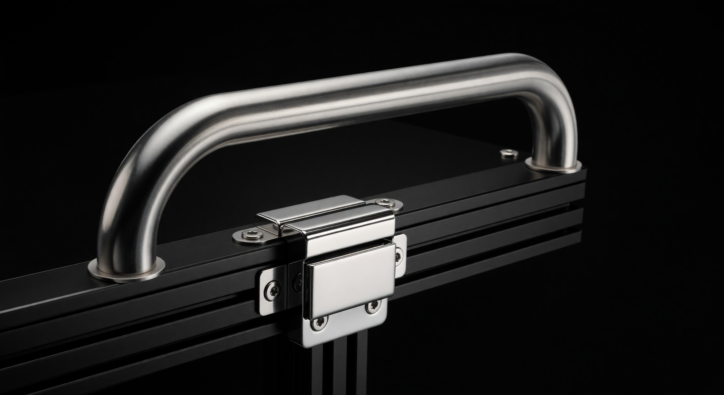 Extreme macro close-up of a heavy, medical-grade stainless steel locking mechanism on a tablet charging cart.