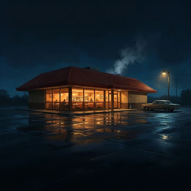 Atmospheric illustration of a late-night diner booth with coffee and pie.